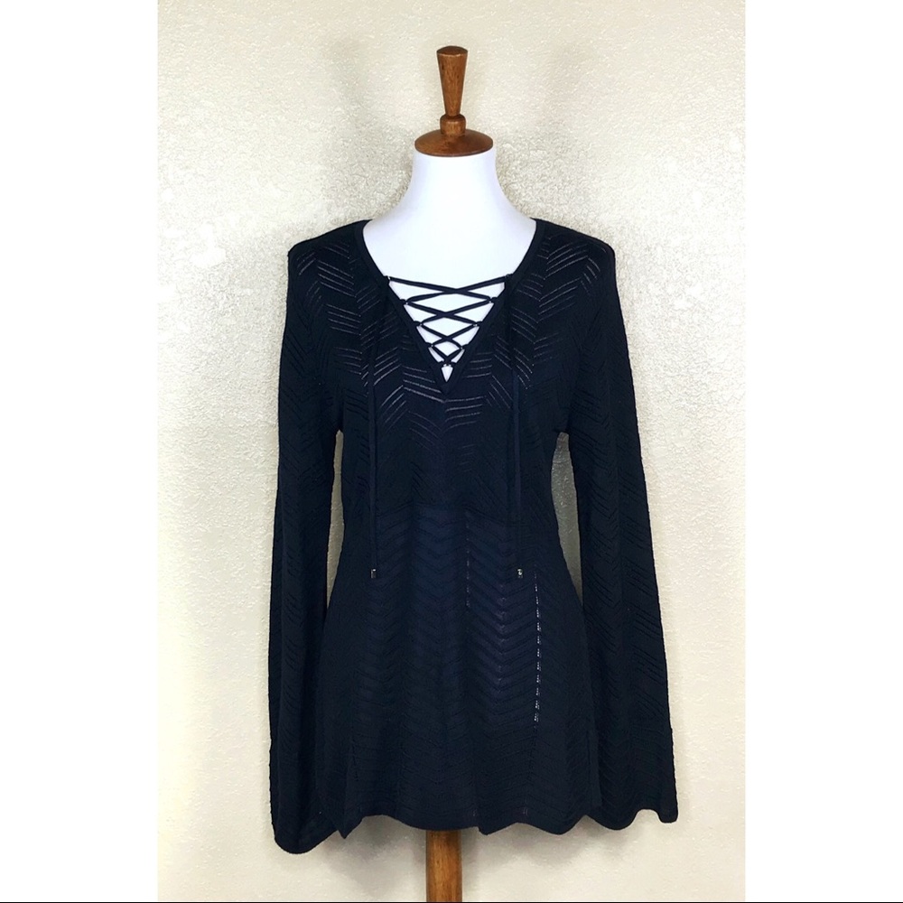 White House Black Market Lace Up Knit Navy Pullover Size Medium